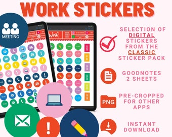 May include: Two digital sticker sheets for Goodnotes, featuring a selection of colorful icons from the Classic Sticker Pack. The icons include a meeting, a laptop, an exclamation point, a pencil, an email, and a phone. The sheets are pre-cropped for other apps and are available for instant download.