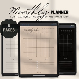 May include: A digital planner for iPad or tablet with 5 pages. The planner has a beige background with a monthly calendar grid and a to-do list. The calendar grid has the days of the week labeled and the months of the year listed above the grid. The to-do list has a section for notes. The planner also has a black background version.