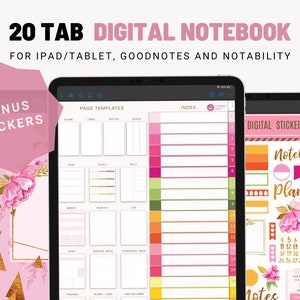 Digital Notebook, Digital Journal, Notebook for GoodNotes, 20 Custom Sections, Student Notebook Lined, Grid, Dotted, Blank For iPad, Tablet
