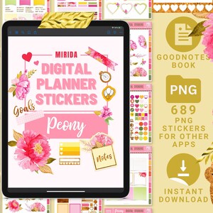 May include: Digital planner stickers featuring a peony floral design. The stickers are in PNG format and are compatible with Goodnotes and other apps. There are 689 stickers included in this set.