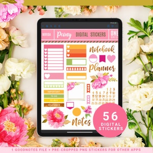 May include: A digital planner sticker set with 56 stickers featuring a pink peony floral design. The stickers include a notebook planner, notes, and a calendar with numbers 1 through 31. The stickers are designed for use with Goodnotes and other digital note-taking apps.