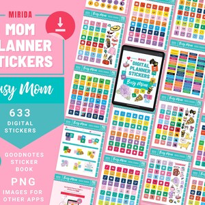 May include: A digital planner sticker set with 633 colourful stickers featuring various icons and illustrations. The stickers are organised into grids and labelled "Busy Mom". The set includes Goodnotes sticker book and PNG images for other apps.