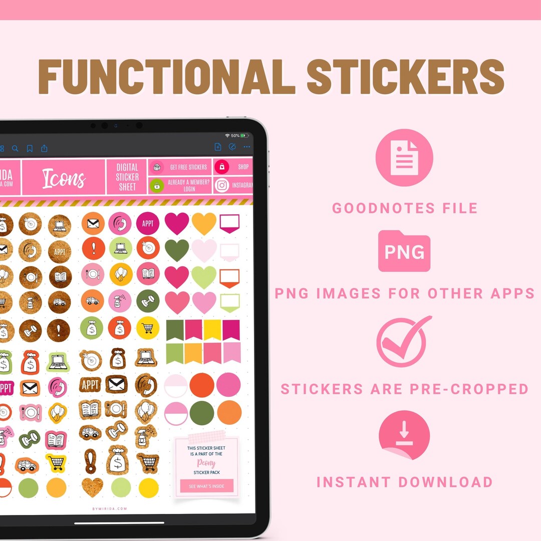 FUNCTIONAL Stickers Goodnotes Icons Digital Stickers for Monthly
