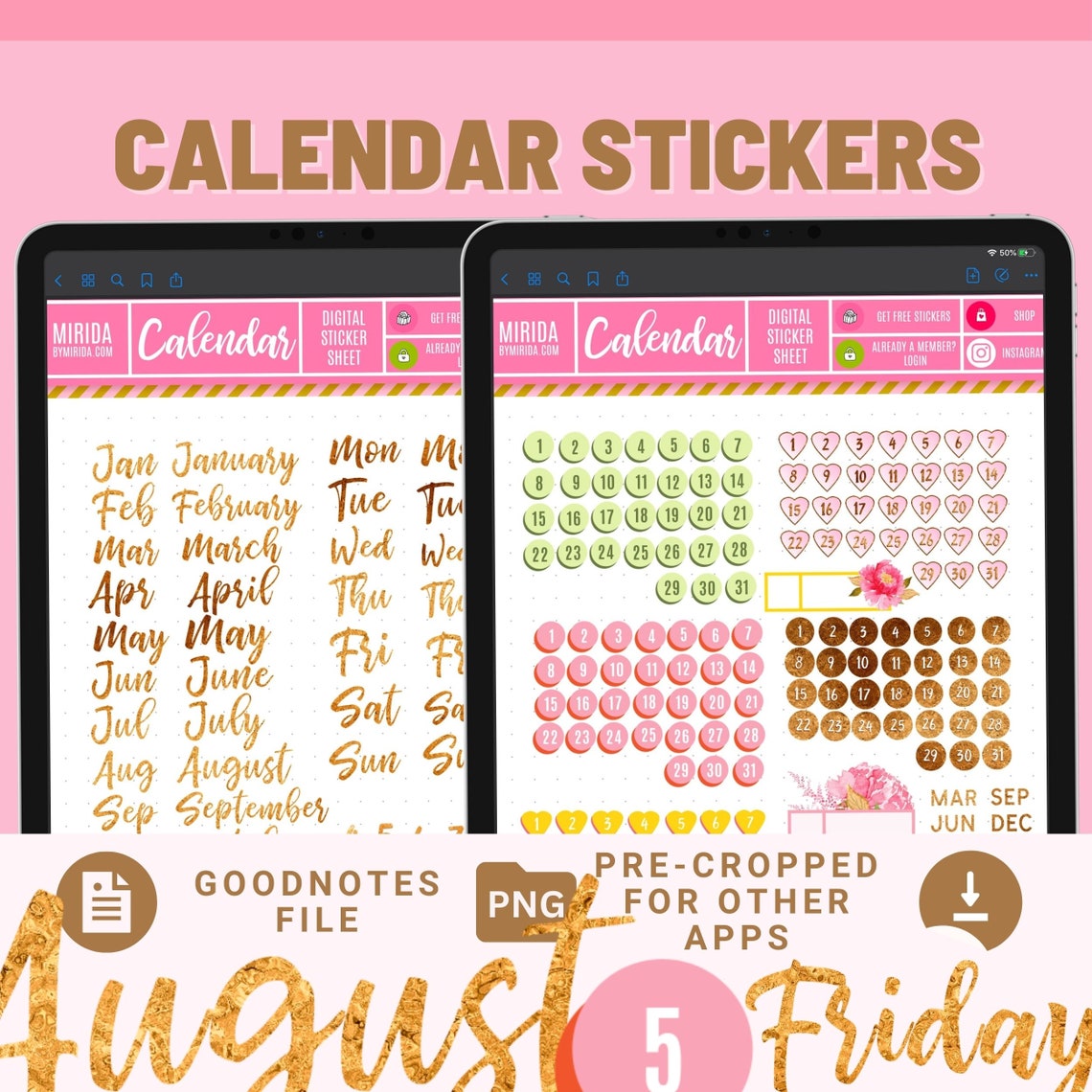 CALENDAR Stickers Goodnotes Numbers Digital Stickers MONTHS & Etsy