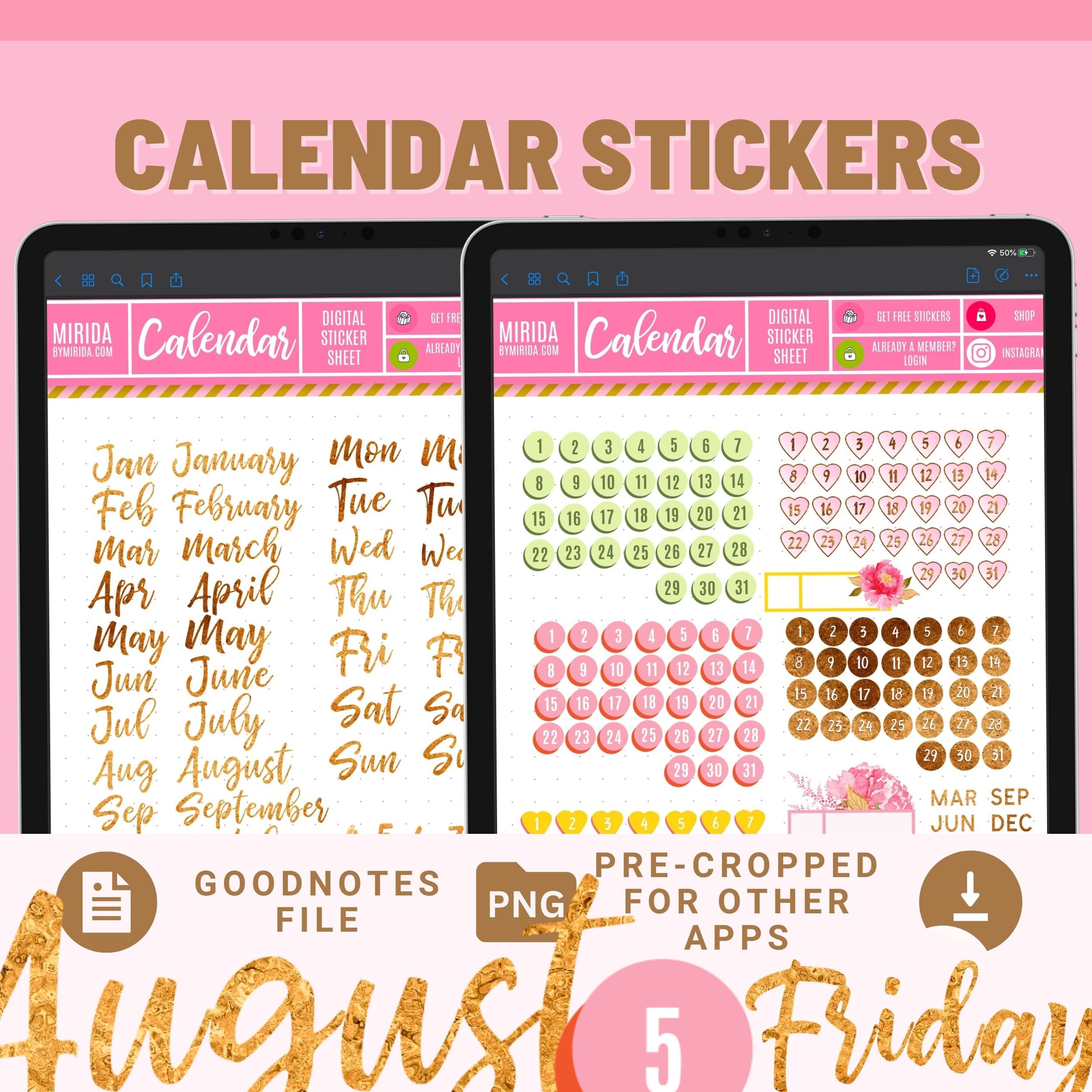 CALENDAR Stickers Goodnotes Numbers Digital Stickers MONTHS & WEEKDAYS