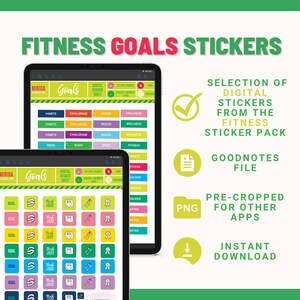 May include: Digital stickers for Goodnotes and other apps. The stickers are from a fitness sticker pack and feature a variety of designs, including motivational quotes, fitness equipment, and healthy food. The stickers are pre-cropped and ready to use.