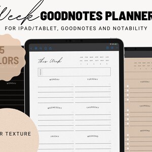 May include: A digital planner for Goodnotes and Notability apps on iPad or tablet. The planner has a weekly layout with sections for Monday through Friday and a weekend section. The planner is available in five colors and has a paper texture.