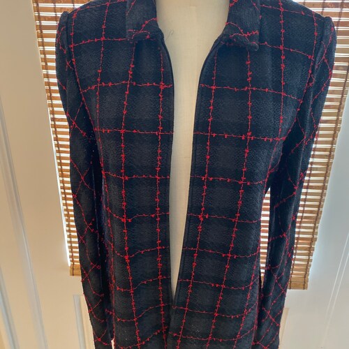 Vintage Y2K St. Johns Knit Jacket Lightweight Zip Front Windowpane Plaid Black Charcoal Red Size 6 Classic Preppy Schoolgirl Workwear shops