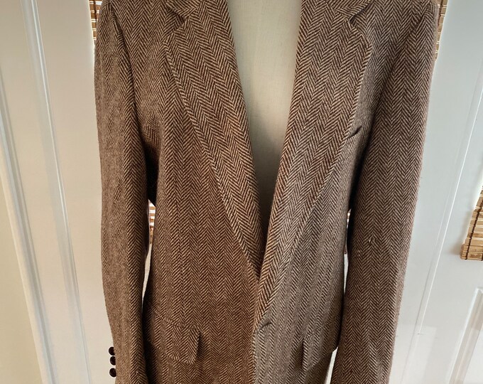 Vintage Neutral Herringbone Tweed Wool Blazer Jacket Adams Row Brown