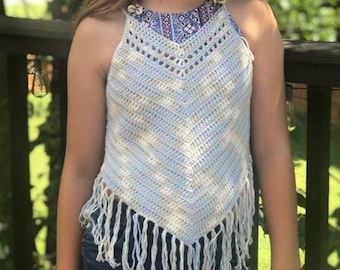 Free Spirit Boho Top Crochet PATTERN | Fringe Crochet Top | Sleeveless Summer Tank | Light Baby Yarn Crochet | Child Sizes 2 -14