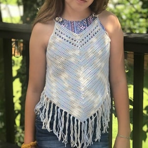 Free Spirit Boho Top Crochet PATTERN | Fringe Crochet Top | Sleeveless Summer Tank | Light Baby Yarn Crochet | Child Sizes 2 -14