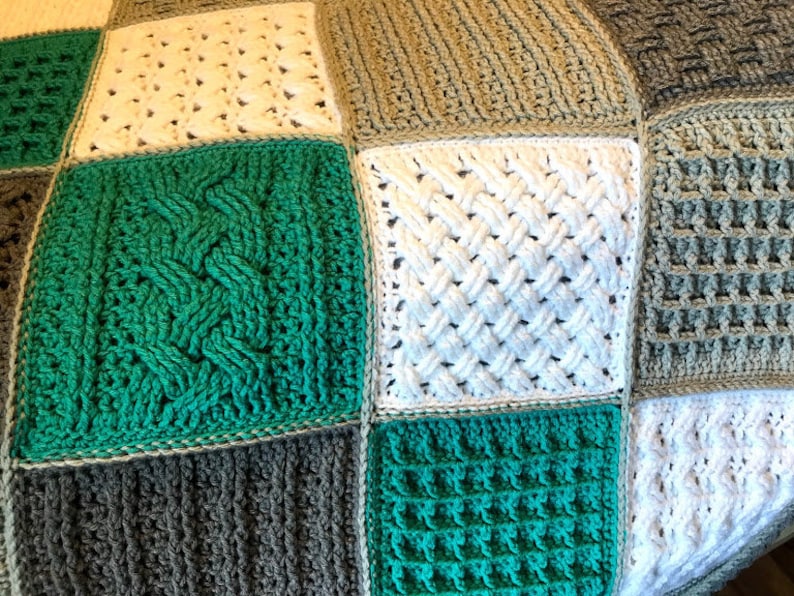 Crochet Blanket Pattern Square Sampler Crochet Blanket Crochet Cables Crochet Squares Textured Crochet Throw Blanket Patchwork image 8