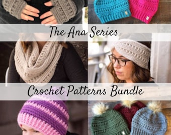 Ana Series Crochet Patterns Bundle eBook | Crochet Beanies | Crochet Ear Warmer | Crochet Scarf | Crochet Bonnet | Crochet Fingerless Gloves