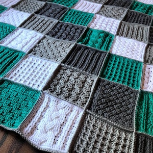 Crochet Blanket Pattern Square Sampler Crochet Blanket Crochet Cables Crochet Squares Textured Crochet Throw Blanket Patchwork image 7