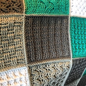 Crochet Blanket Pattern Square Sampler Crochet Blanket Crochet Cables Crochet Squares Textured Crochet Throw Blanket Patchwork image 6