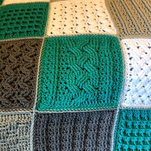 Crochet Blanket Pattern Square Sampler Crochet Blanket Crochet Cables Crochet Squares Textured Crochet Throw Blanket Patchwork image 5