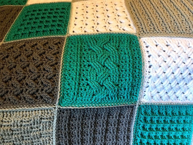 Crochet Blanket Pattern Square Sampler Crochet Blanket Crochet Cables Crochet Squares Textured Crochet Throw Blanket Patchwork image 5