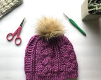 Braided Cable Beanie Crochet Pattern | Crochet Cables | Adult Hat | Cable Crochet | Faux Fur Beanie | Crochet Pattern