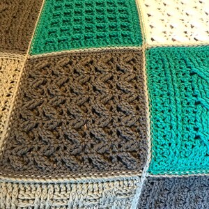 Crochet Blanket Pattern Square Sampler Crochet Blanket Crochet Cables Crochet Squares Textured Crochet Throw Blanket Patchwork image 10