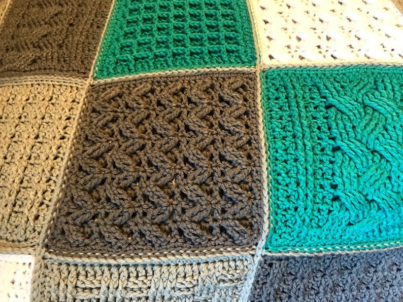 Crochet Blanket Pattern Square Sampler Crochet Blanket Crochet Cables Crochet Squares Textured Crochet Throw Blanket Patchwork image 10