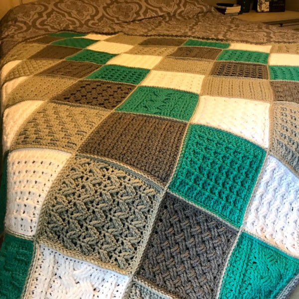 Crochet Blanket Pattern | Square Sampler Crochet Blanket | Crochet Cables | Crochet Squares | Textured Crochet | Throw Blanket | Patchwork