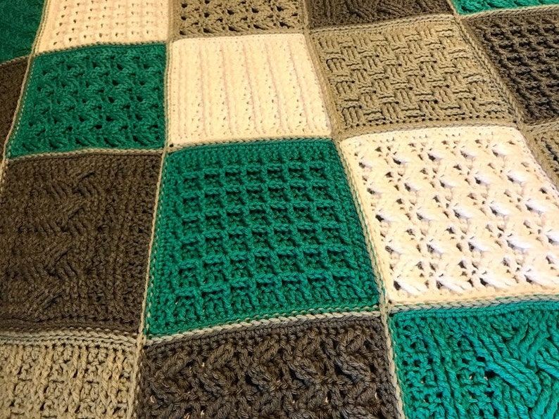 Crochet Blanket Pattern Square Sampler Crochet Blanket Crochet Cables Crochet Squares Textured Crochet Throw Blanket Patchwork image 9