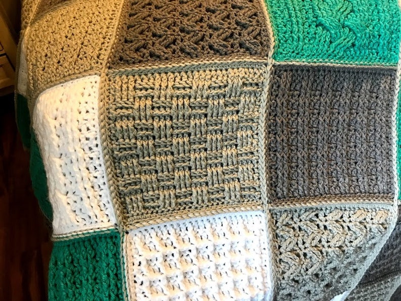 Crochet Blanket Pattern Square Sampler Crochet Blanket Crochet Cables Crochet Squares Textured Crochet Throw Blanket Patchwork image 3
