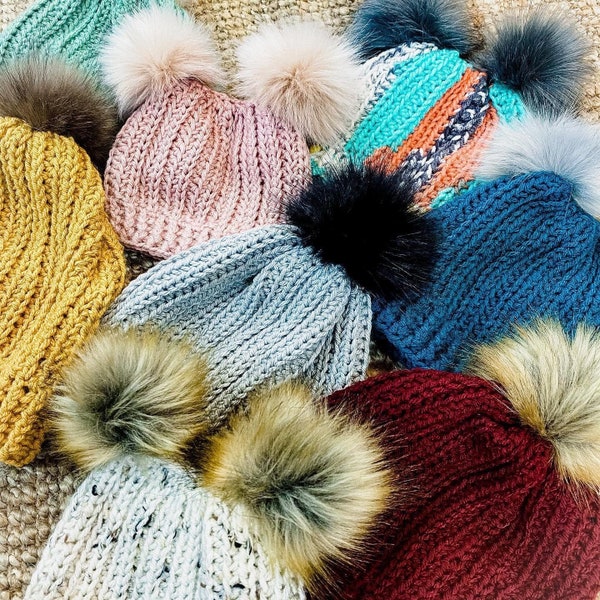 Mainstream Beanie Crochet Pattern 8 Sizes - Adult, Teen, Child, Toddler, Baby, and Newborn | Crochet Hat Pattern | Fur Hat | Pom Pom Hat