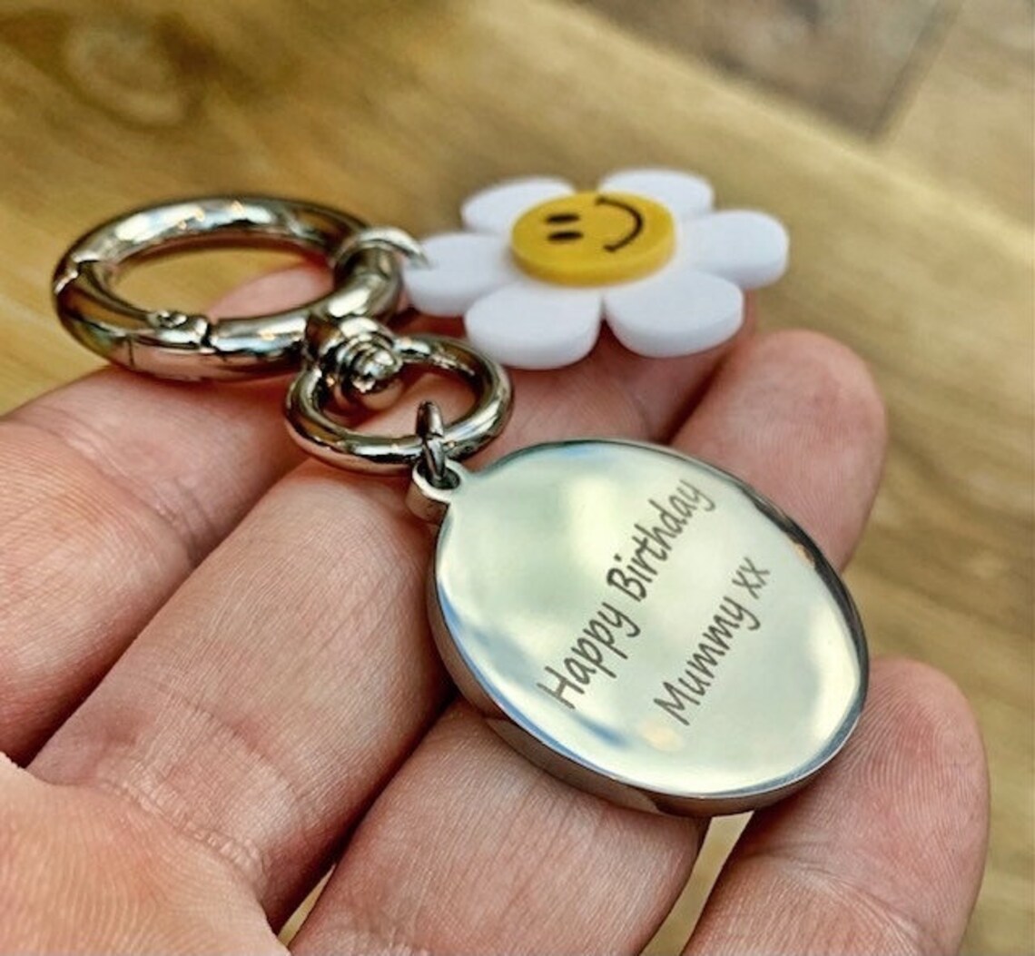 Charm Memory Key Ring Personalised Flower Keyring - Custom Photo Keychain - Engraved Steel ...