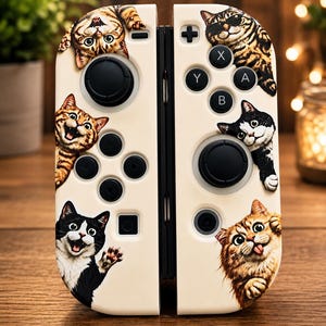 May include: A pair of cream-coloured game controller attachments featuring a variety of illustrated cats. The left controller has a directional pad and joystick, while the right features A, B, X, and Y buttons, a joystick, and several cat graphics.