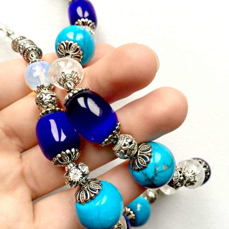 Blue gemstones necklace Rhinestone Ulexite Turquoise