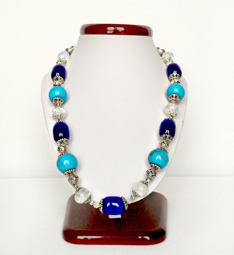 Blue gemstones necklace Rhinestone Ulexite Turquoise