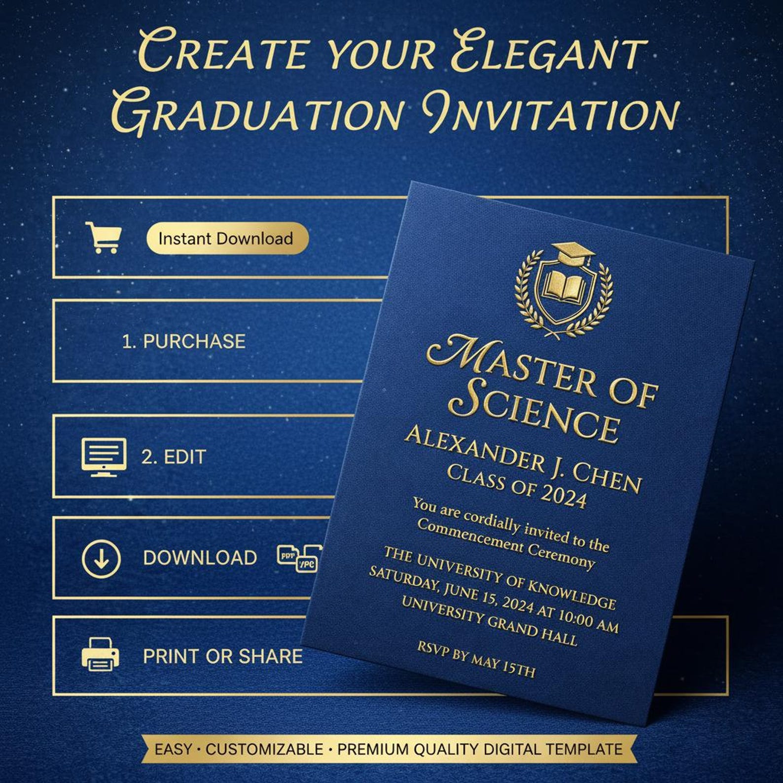 Masters Degree Graduation Invitation Template, Editable Grad Party ...
