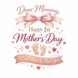 Può includere: Un design ad acquerello per la festa della mamma. L'immagine presenta il testo "Dear Mommy, Happy 1st Mother's Day, I Can't Wait to Meet You." Un fiocco rosa, cuori, impronte e stelle decorano il design.