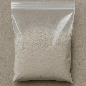 May include: A clear plastic bag filled with a light gray, fine powder. The bag has a zip-top closure and is sitting on a neutral-toned surface. The powder appears to be a cosmetic or craft supply.