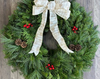 Fresh Christmas Wreath, Mixed Pine Wreath with Gold Bow