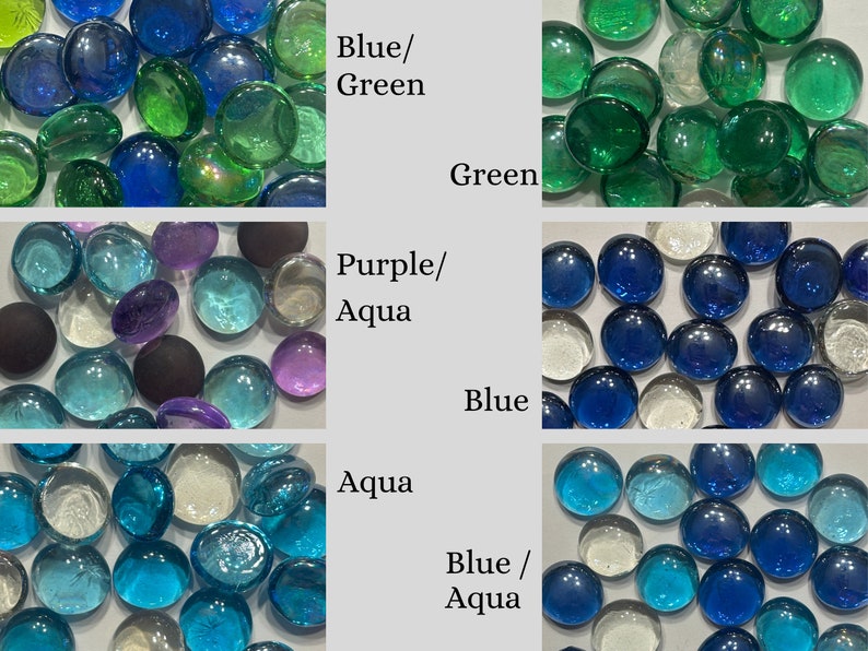 Different mosaic gem options shown to choose from.  Gems are used to place in cement when making stepping stone. Several different options to choose from including one of our top sellers - Purple/Aqua