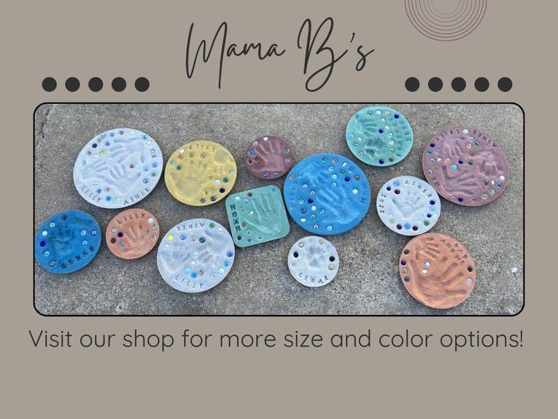 May include: Handprint and footprint keepsakes in various colors, including blue, yellow, and pink. Each piece features a child's handprint or footprint, with names and decorative accents. The image includes the text "Mama B's" and "Visit our shop for more size and color options!"