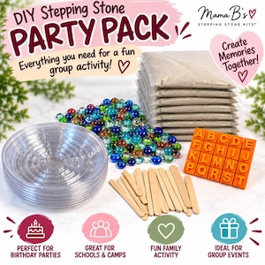 May include: A DIY stepping stone party pack containing a stack of clear plastic molds, a pile of multicolored glass gems, a stack of beige sand bags, wooden craft sticks, and an orange plastic grid featuring the letters A through T in relief.