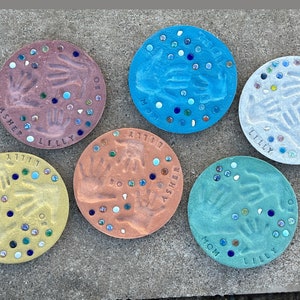 14 inch stepping stones. Family stepping stones. Handprint stepping stones.