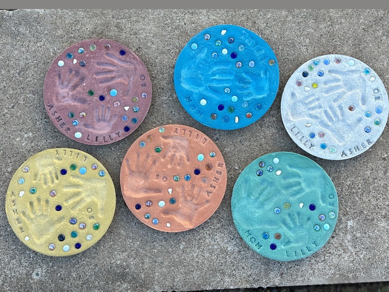 14 inch stepping stones. Family stepping stones. Handprint stepping stones.