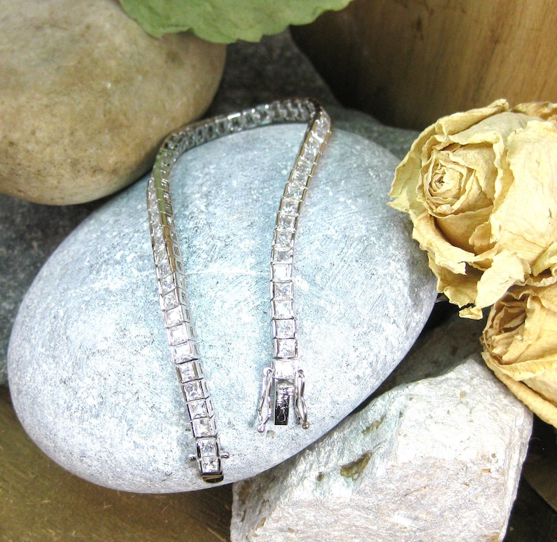 DESIGNER Hallmarked XOX Cubic Zirconia STERLING Silver 925 Princess Cut Channel Set Tennis Bracelet Bride Bridal shops Wedding Gift Her ~Vintage