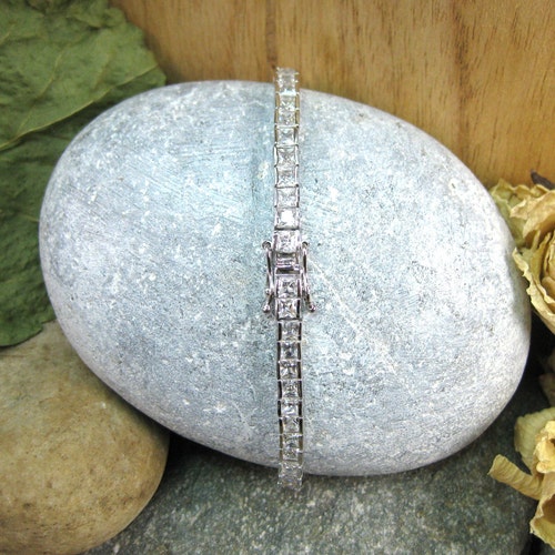 DESIGNER Hallmarked XOX Cubic Zirconia STERLING Silver 925 Princess Cut Channel Set Tennis Bracelet Bride Bridal shops Wedding Gift Her ~Vintage