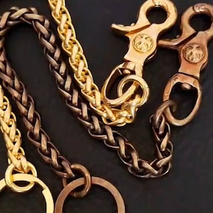 Llavero de latón macizo desgastado, cadenas de latón, cartera, cadena redonda, monedero con clip