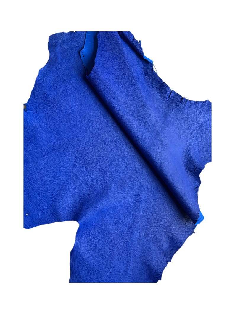 May include: A piece of vibrant blue leather with a textured surface. The leather is irregularly shaped with torn edges, revealing a lighter blue underside. The material is likely used for crafting.