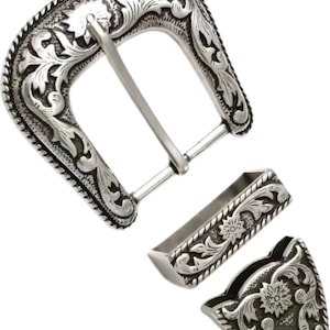 Alloy retro silver western women belt buckle loop tips set(3pcs) 38mm