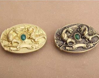 Solid brass Vintage dragon Turquoise Stone oval belt buckle 40mm Fits 1 1/2" (37-39mm)