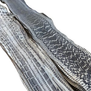 Könnte beinhalten: Nahaufnahme von zwei Streifen Reptilienhaut. Die Haut hat ein Schuppenmuster in Grau- und Weißtönen. Die Textur ist detailliert, mit sichtbaren Schuppen und Farbvariationen. Die Streifen sind diagonal vor einem weißen Hintergrund angeordnet.