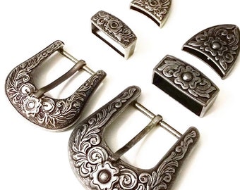 Alloy vintage flower silver belt buckle loop tips set(3pcs) 30/38mm