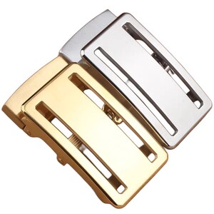 Può includere: Due fibbie metalliche, una dorata e una argentata. Ognuna ha un design rettangolare con una fessura centrale e due fessure parallele. La fibbia dorata è davanti a quella argentata. Le fibbie sono in metallo.